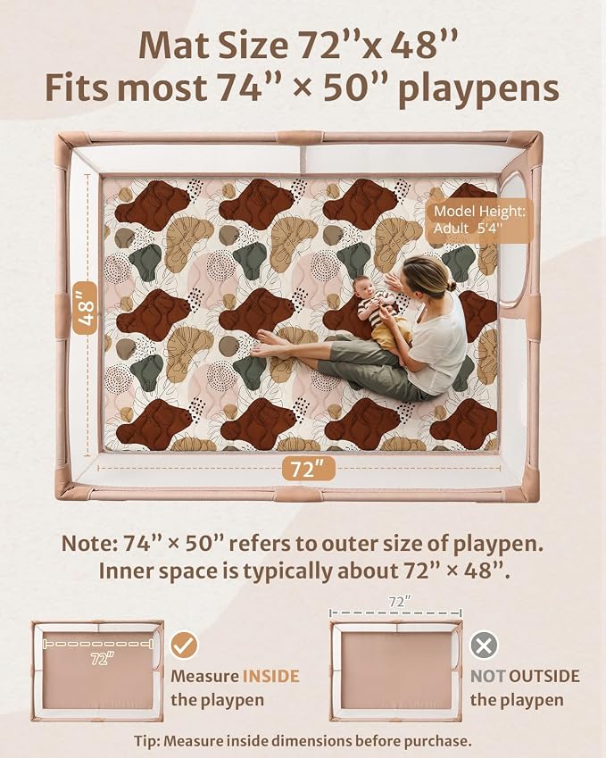 Blissful Diary Baby Play Mats for Floor, 72x48 Inch Extra Thicker & Large Soft Cushioning Foam Playmats for Babies and Toddlers, Foldable Washable Baby Crawling Mat for Playpen, Boho Design
