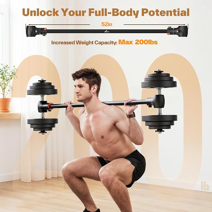 Sportneer Dumbbell to Barbell Converter Bar | Adjustable Fit, 200 lb Capacity, Secure Lock, Tool-Free Setup, 130cm Bar, Full-Body Training, Barbell Feel, Space Saving