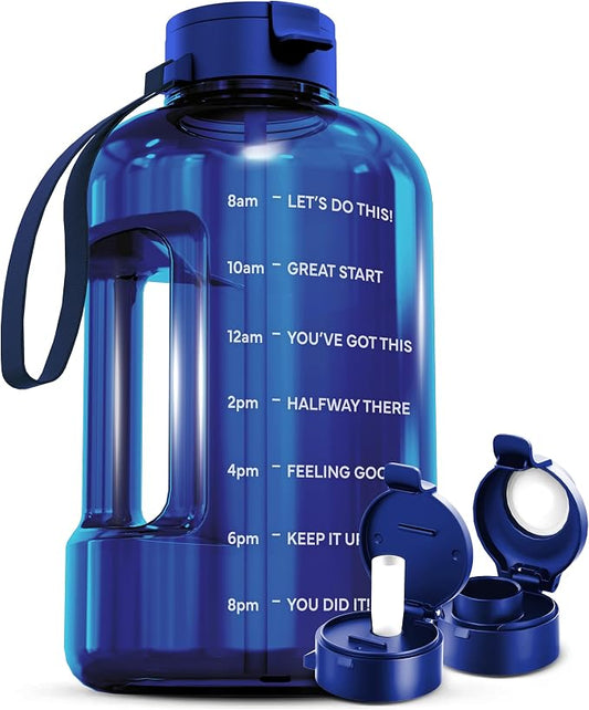 AQUAFIT 1 Gallon Water Bottle with Motivational Quotes | BPA Free 1 Gallon Water Bottle with Straw and Chug Lids - Leakproof Gym Water Bottle with Carry Handle (Blue)