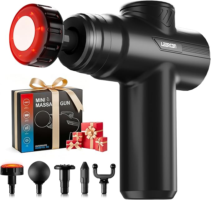 LEERCON Massage Gun with Heat, Deep Tissue Back Massager Gun Gifts for Men | Mini Percussion Massage Gun with 5 Heads and 6 Speeds 104 - 122°F, Ideal Gifts for Men Women Dad Mom Athletes, Black