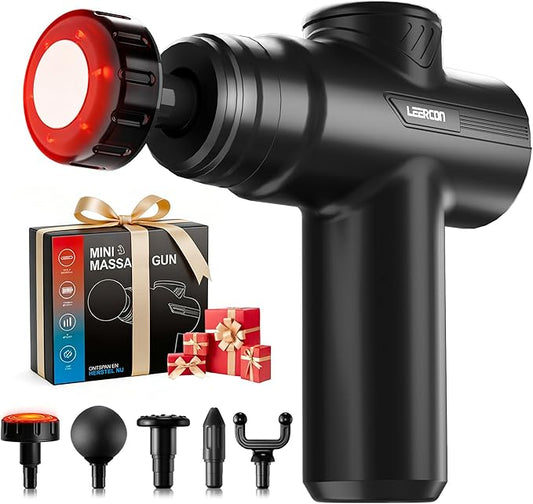 LEERCON Massage Gun with Heat, Deep Tissue Back Massager Gun Gifts for Men | Mini Percussion Massage Gun with 5 Heads and 6 Speeds 104 - 122°F, Ideal Gifts for Men Women Dad Mom Athletes, Black