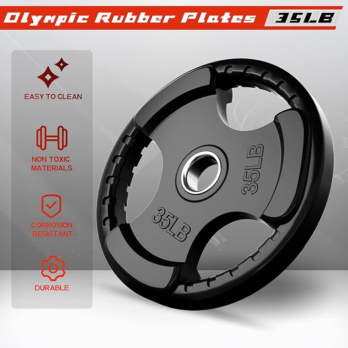 RitFit Olympic Rubber Grip Weight Plates, 2-Inch Barbell Set | Solid Iron Core, Rubber Coated, 2-Inch Olympic Bar Compatible, 3-Hole Grip, 2.5LB to 45LB Weight Options