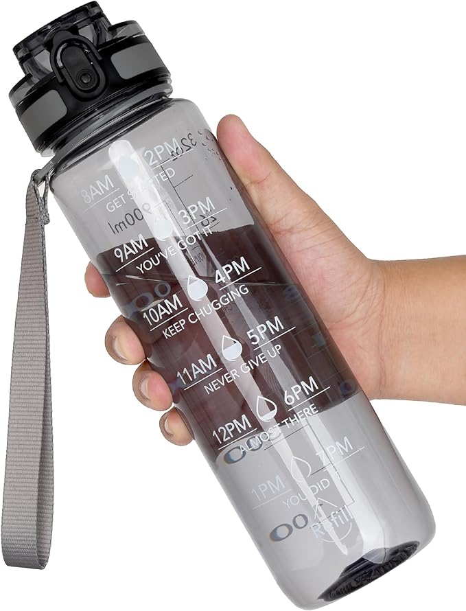 OLDLEY Water Bottle, 32oz Motivational Sports Water Bottle with Time Marker - Times to Drink - Tritan, BPA Free, Wide Mouth Leakproof,Smoke Grey
