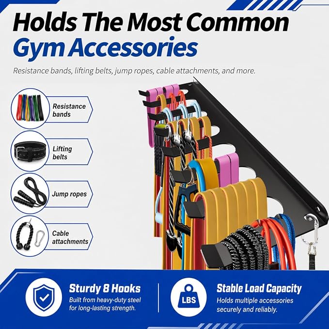 Gym Home Rack 8 Hook Heavy-Duty Wall-mounted Organizer Multi-Purpose Workout Gear Wall Hanger Storage for Resistance Bands Jump Ropes Lifting Belt Fitness Bands Barbells Carabiners Included