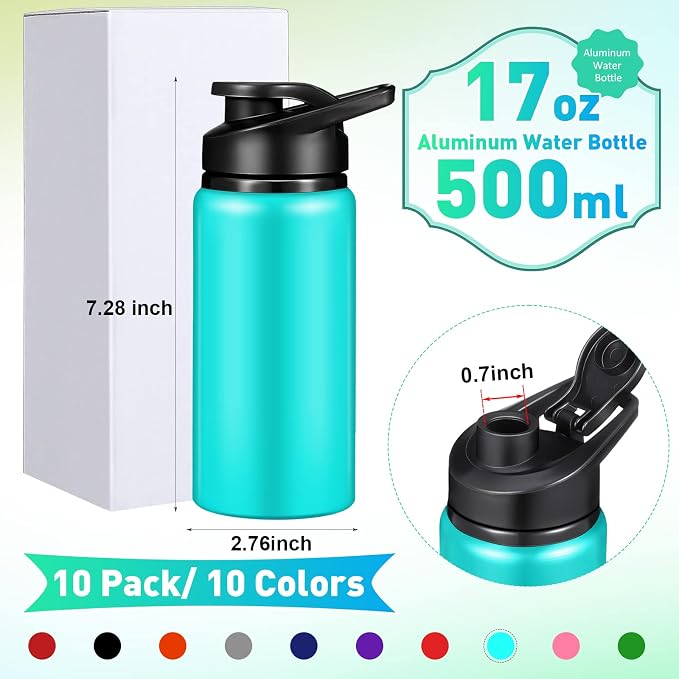 Mimorou 10 Pack Aluminum Water Bottles Bulk 17oz Reusable Leak-Proof Lightweight Sport Bottles Set for Travel Gym Team Camping & Party Favors, 10 Colors