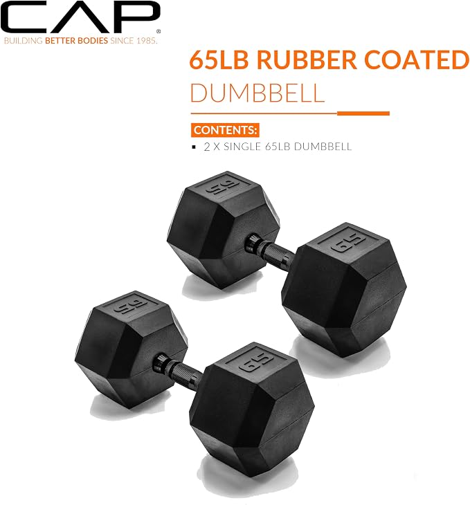 CAP Rubber Coated Dumbbell Weights, Free Weights for Home Gym Strength Training, Anti-Roll Hex Dumbbells with Black, Chrome & Comfort Grip Handles, Pairs & Sets