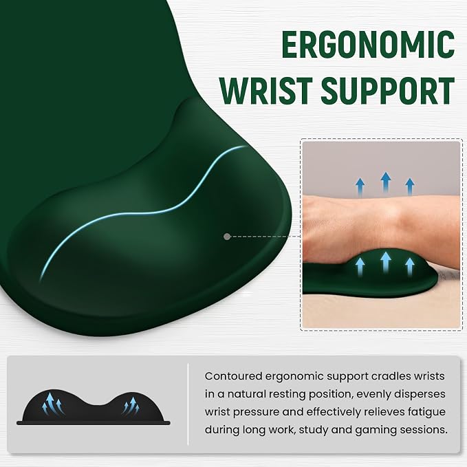 Ergonomic Mouse Pad with Wrist Rest, Gel Wrist Support, Dark Green | 10.2 x 7.6 in Mouse Pad with Smooth Fabric Surface and Non-Slip Rubber Base for Office, Home, Study, and Gaming