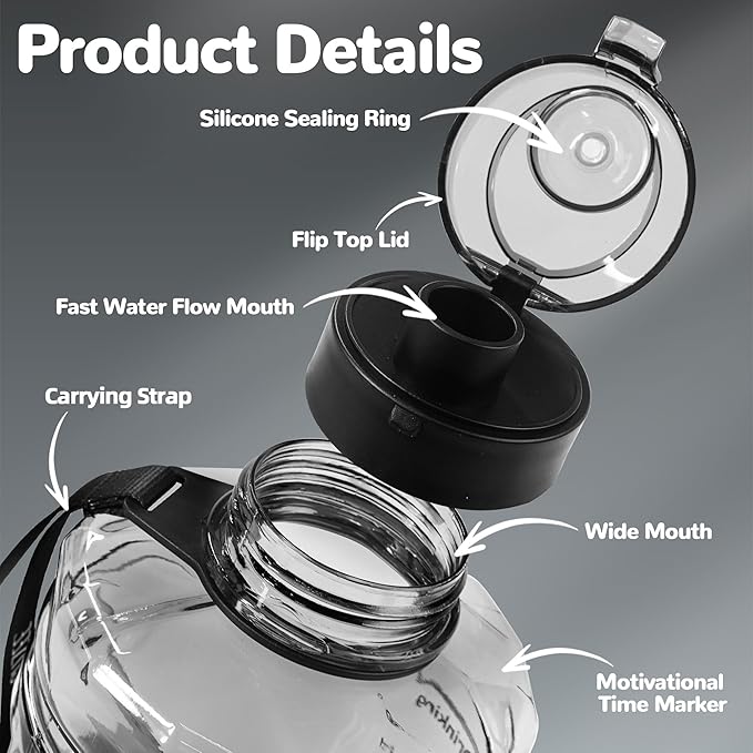 1 Gallon Water Bottle, Water Jug with Time Marker & Straw & Handle,2 Lids | BPA Free,Gallon Water Jug, Half Gallon water Bottle for Sport Gym Camping Workout Outdoors Yoga (Clear Black)
