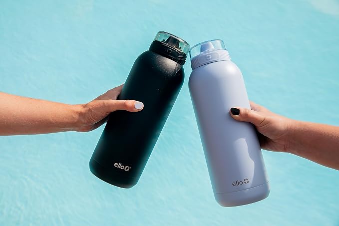 Ello Cooper 40oz Stainless Steel Water Bottle with Straw and Carry Handle, Double Walled and Vacuum Insulated Metal, Leak Proof Locking Lid with Soft Silicone Spout, Reusable, BPA Free, Black