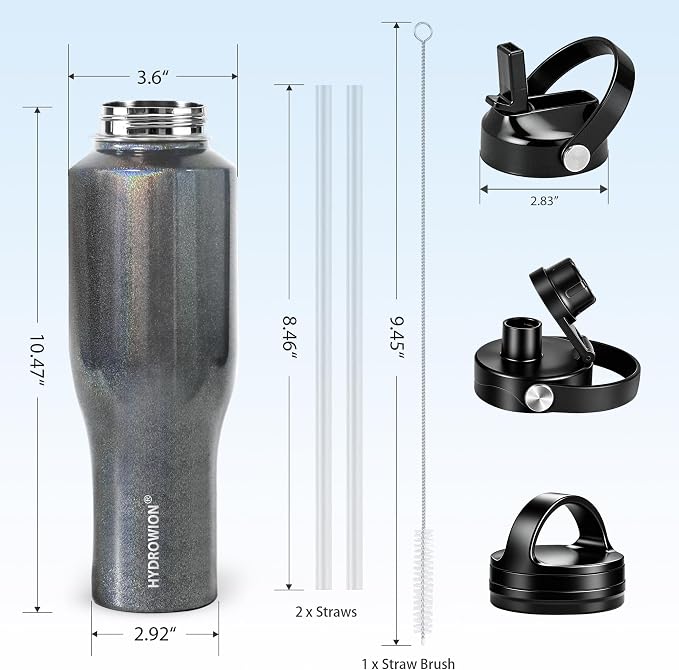 HYDROWION Water Bottle Stainless Steel,Vacuum Insulated Leak Proof Tumbler 32oz with Straw Lid, Spout Lid and Flex Cap(Cold for 48 Hrs, Hot for 24 Hrs), Fit in Any Car Cup Holder, Laser Grey
