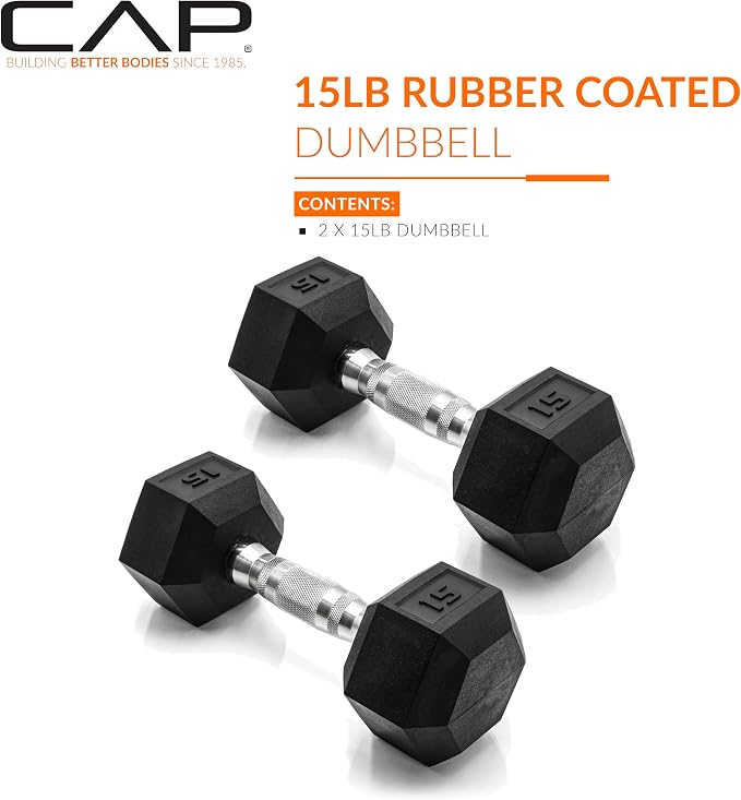 CAP Rubber Coated Dumbbell Weights, Free Weights for Home Gym Strength Training, Anti-Roll Hex Dumbbells with Black, Chrome & Comfort Grip Handles, Pairs & Sets