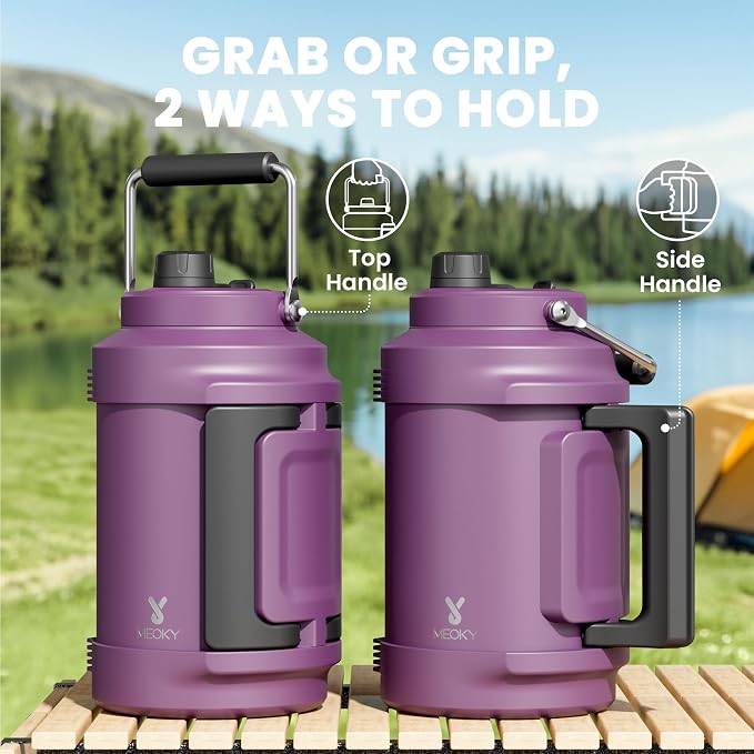 1 Gallon Insulated Water Bottle for Sports: Meoky 128 oz Triple Wall Vacuum Stainless Steel Water Jug - Top and Side Handles, Cold for 48 Hrs, 2-in-1 Straw and Spout Lid, Leak Proof for Hiking (Plum)