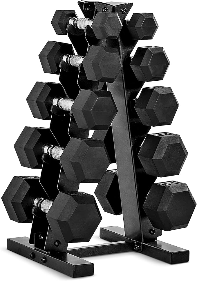 CAP Rubber Coated Hex Dumbbell Set with Storage Rack | 100–210 lb Options, Space-Saving Vertical Compact Storage for Home Gym Strength Training