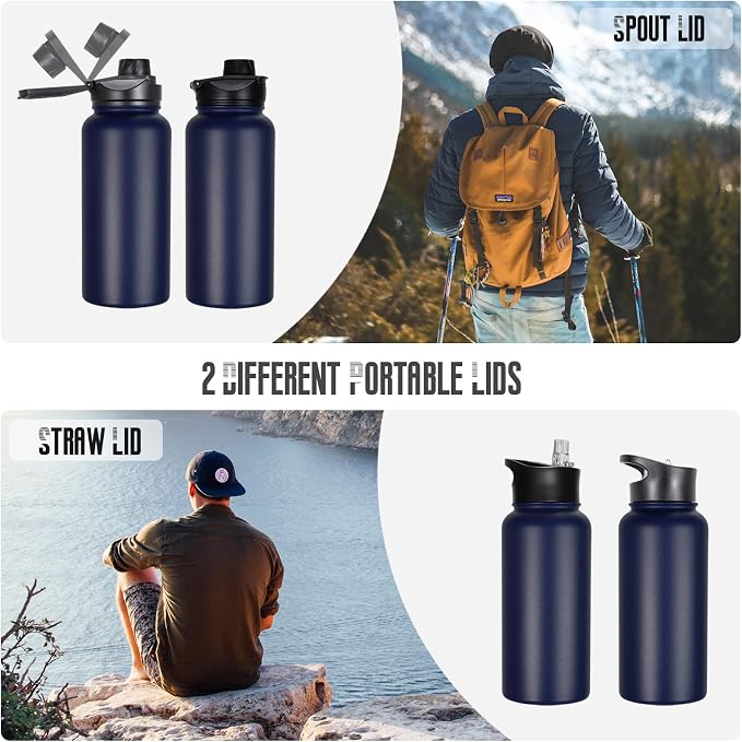 32 oz Insulated Water Bottle with Straw Lid & Wide Mouth Lids, Stainless Steel Sports Water Bottles, Double Walled Vacuum, Leak Proof, Blue
