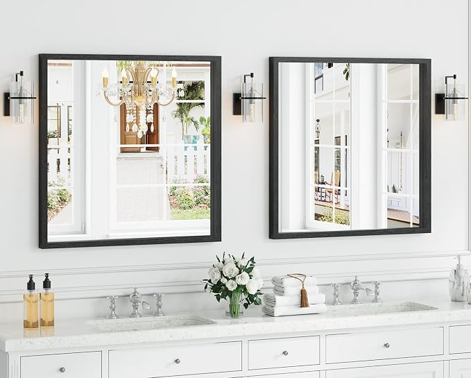 Syndra Square Black Wood Frame Bathroom Mirror, 32''x32'' Modern Vanity Mirror for Wall, Waterproof Slim Deep Frame, HD Tempered Glass Mirror for Living Room, Bedroom, Entryway, Rustic, Farmhouse