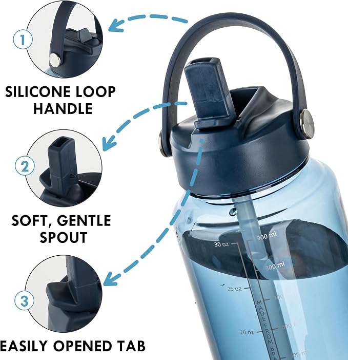 OLDLEY 32oz Water Bottle with Straw,Leakproof Tritan Clear Bottle with Marked Bottle and Carry Handle, BPA-Free Wide Mouth Reusable Sports Bottle for Gym,Hiking,Camping,Travel,Workout,Deep Navy