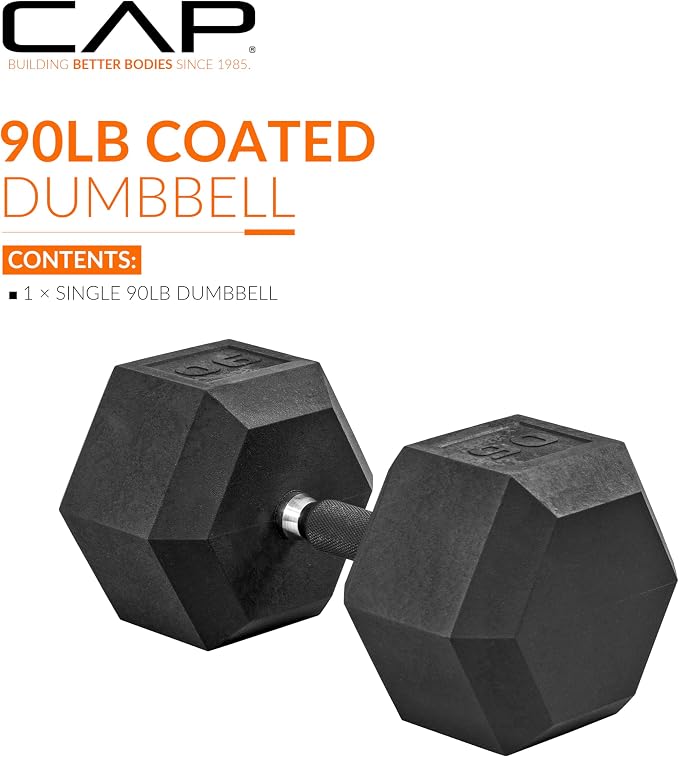 CAP Rubber Coated Dumbbell Weights, Free Weights for Home Gym Strength Training, Anti-Roll Hex Dumbbells with Black, Chrome & Comfort Grip Handles, Singles