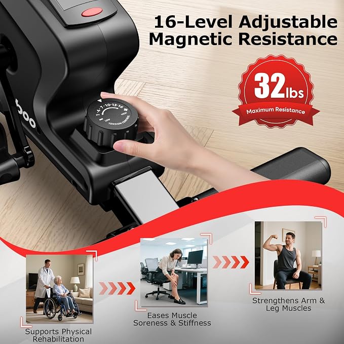 pooboo Under Desk Bike Pedal Exerciser with Magnetic Resistance | Mini Exercise Bike with 16 Resistance Levels, Arm And Leg Workouts, Resistance Bands And Non-Slip Mat for Home Office Therapy