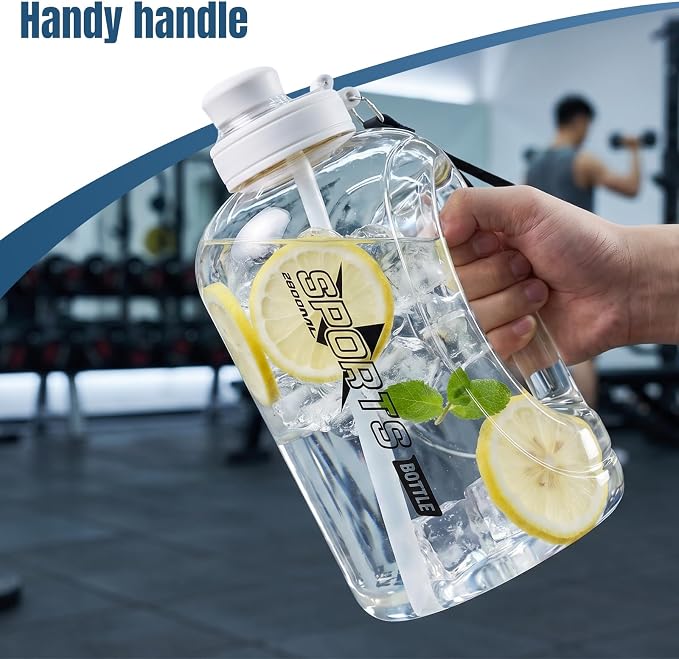 Doseno Gallon Water Bottle, 95 oz Sports Water Jug With Straw and Strap | White 2.8 L large water bottle has a measuring scale and portable handle for daily drinking, gym sessions and outdoor use.