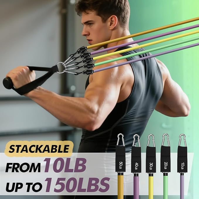 WHATAFIT Resistance Bands with Handles, 5-Level Exercise Bands for Workout | Natural latex,10-50 lbs, stackable to 150,Ankle Straps, Door Anchor,Guide. For Strength, Yoga,Home Gym,Travel & Workout.