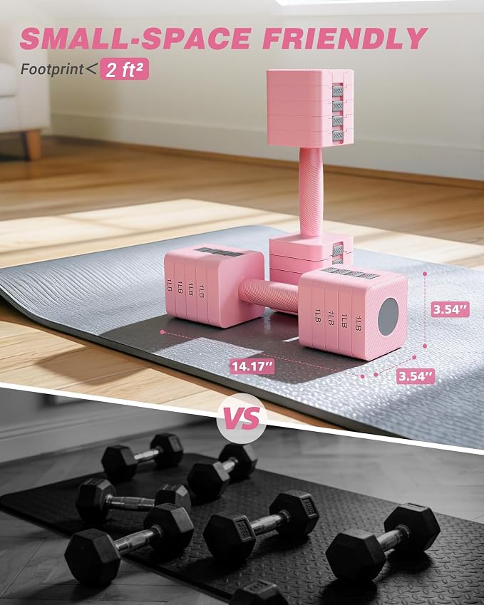 Rendpas Adjustable Dumbbell Set of 2, 10lb & 22lb Pairs (5lb/11lb Each) | Anti-Slip No-Roll Handle Weights, Bench Combo Option for Home Gym, Pilates & Strength Training