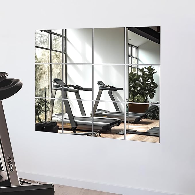 TRAHOME Home Gym Mirror Tiles for Wall, 12"x12"x12PCS Full Length Mirror | HD Tempered Glass, Frameless Workout Mirror for Garage, Bedroom, Living Room, Over The Door