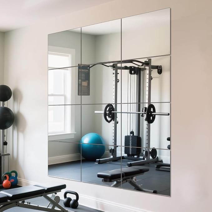12Pcs 12″×14″ Glass Gym Mirror for Home Gym, HD Wall Mirror Tiles for Home Gym, Bedroom, Living Room, Door, Closet