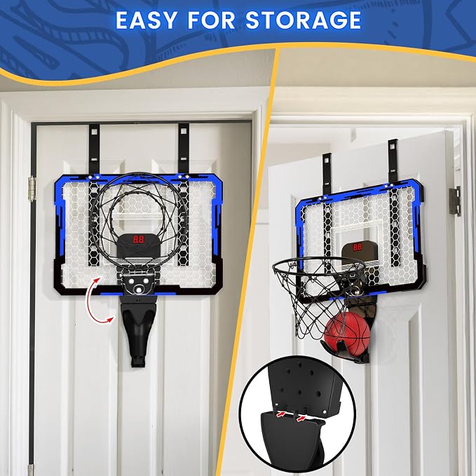 QDRAGON Mini Basketball Hoop with Scoreboard & 7 LED Lighting | Over The Door Indoor, with 3 Balls/Inflator/Breakaway Rim, Basketball Toy Gifts for Kids Adults, Suit for Bedroom/Office