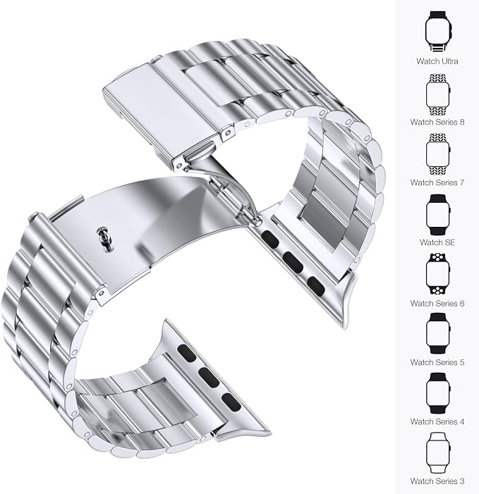 EPULY Compatible with Apple Watch Band 42mm 44mm 45mm 38mm 40mm 41mm, Business Stainless Steel Metal Wristband for iWatch SE & Series 7 6 5 4 3 2 1 for Men Women (Silver, 41mm 40mm 38mm) | Stainless Steel Strap Suitable for Business Setting, Casual & E...
