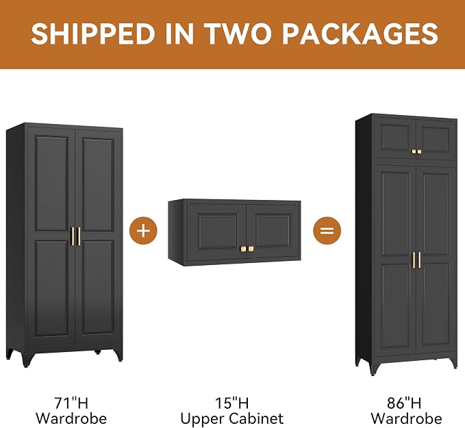 Polup 15" High Black Metal Wall Cabinet, Overhead Closet Storage Unit | Modular Steel Top Extension for 71" Armoire Wardrobe, 2 Doors, 180lbs Capacity Single Space, Mounting Hardware for Bedroom