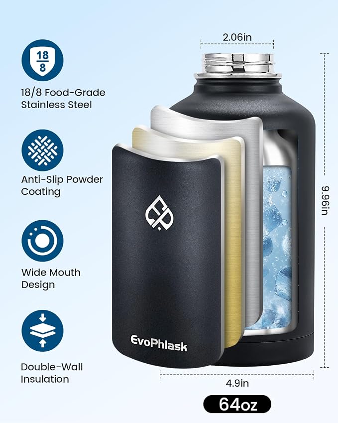 Insulated Water Bottle 64 oz with Carrier Bag, Black | Stainless Steel, Vacuum Insulated Keep Cold 48 Hrs, Half Gallon Large Water Jug, For Travel, Sport, Gym, Hiking