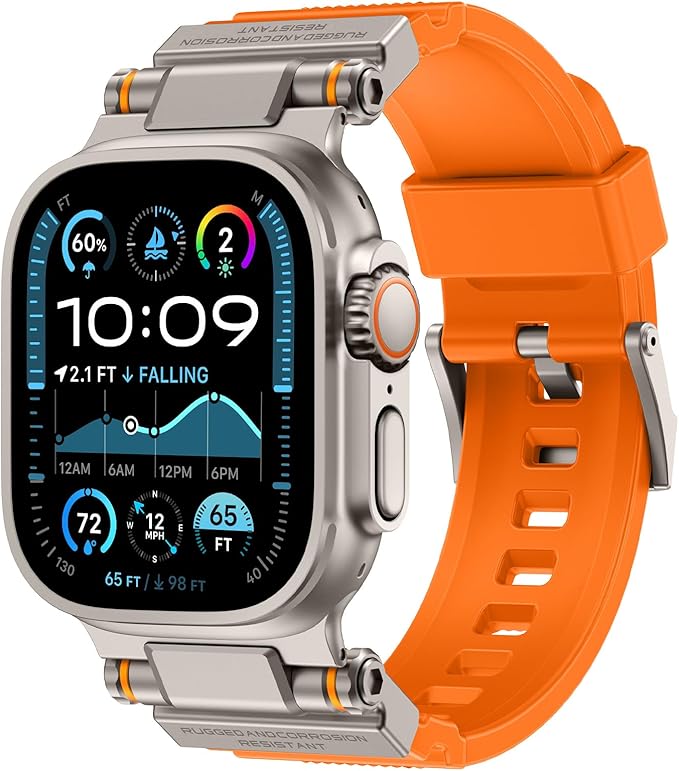 Band Compatible with Apple Watch Ultra 3/2/1 Band 49/46/45/44mm | Metal Connector with Silicone Rugged Strap for iWatch Ultra Series 11/10/9/8/7/6/SE3/SE2/SE/5/4/3/2/1, Orange/Titanium