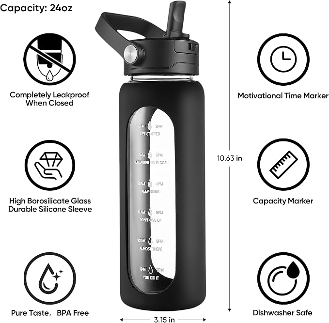 CIVAGO 24 oz Glass Water Bottle with Detachable Straw and Time Maker | Motivational Large Flask Cup with Handle, Leakproof Lids, Wide Mouth, Silicone Sleeve, Tumbler for Juice, Black