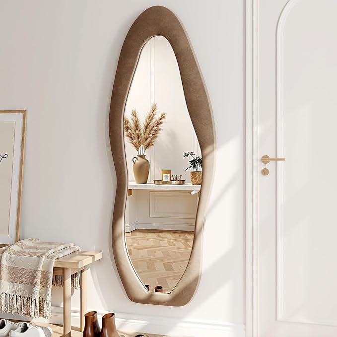 Irregular Full Length Mirror Flannel 63"x24" Full Body Mirror | Velvet Floor Mirrors with Stand, Irregular Wavy Mirror Hanging or Leaning Against Wall for Bedroom Living Room, Brown