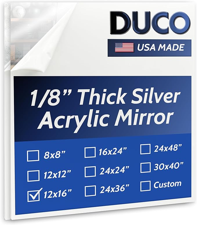 Duco USA-Made Acrylic Mirror Sheet 1/8 Inch Thick 12" x 16" (with Adhesives) - Pack of 2 Silver Frameless Plastic Mirror for Walls, Home Gyms, Bathrooms, & More - Shatter-Proof Mirrored Plexiglass
