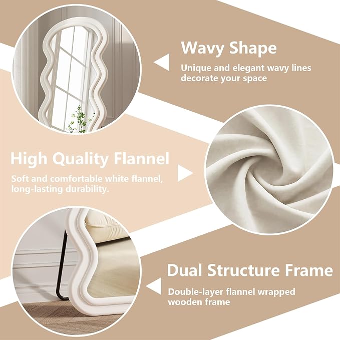 Full Length Mirror, 71"x32" Wavy Full Body Mirror Flannel | Full Body Mirror with Stand, Flannel Floor Mirrror Bedroom and Living Room, Wall Mirror Hanging or Leaning, White