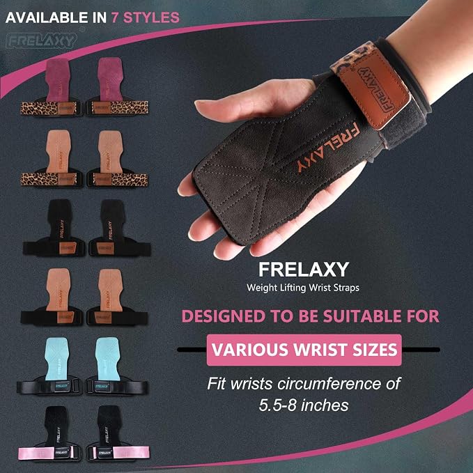 Frelaxy Lifting Wrist Straps for Women and Men, Weight Lifting Grips | Double-layer leather, Cushioned wrist support, Durable construction, Storage pouch, Deadlifts, rows, lat pulldowns
