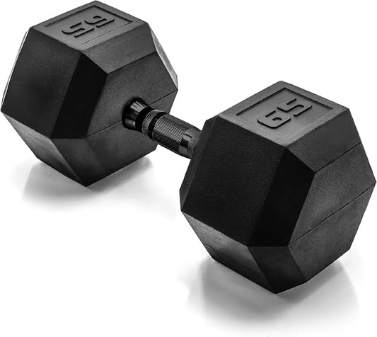 CAP Rubber Coated Dumbbell Weights, Free Weights for Home Gym Strength Training, Anti-Roll Hex Dumbbells with Black, Chrome & Comfort Grip Handles, Singles