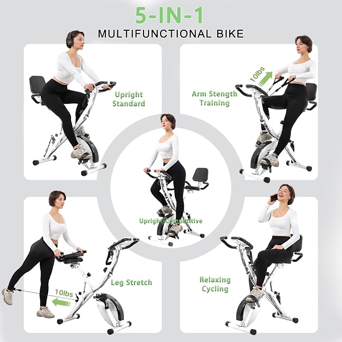 BARWING Stationary Exercise Bike for Home Workout, 5 IN 1 Foldable Indoor Cycling Bike for Seniors, 350LB Capacity, 16-Level Magnetic Resistance, Seat Backrest Adjustments