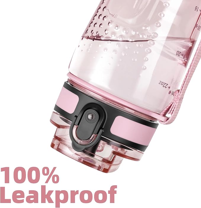 OLDLEY 25 oz Water Bottle, Motivational Water Bottle with Time Marker, Sports Water Bottle With Strap, Leakproof & BPA Free Large Water Bottles for School, Gym, Travel, Outdoor, Transparent Pink