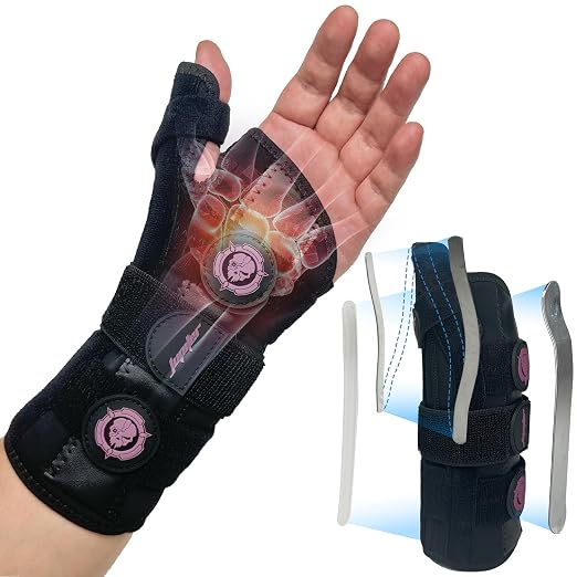 JUPITER Carpal Tunnel Wrist Brace with Thumb Support, Day & Night Thumb Spica Splint for Left Hand, Ideal for De Quervains Tenosynovitis, Tendonitis & Typing Pain Relief - Small/Medium, Black-Pink for Men & Women