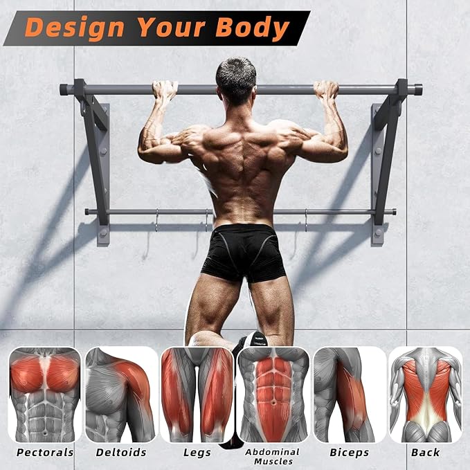 Wall Mounted Pull Up Bar with 500LBS Capacity for Gym Home | Adjustable Depth, 4 Hooks, Heavy Duty, Strength Training, Easy Install, Chin Up Bar for Doorway