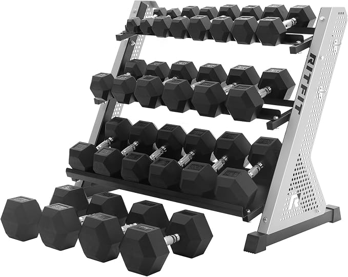 RitFit Rubber Hex Dumbbell Weight Set with 3-Tier Dumbbell Rack | Anti-Slip Knurled Chrome Handle,Cast Iron,Hexagon Anti-Roll Design,1000LB Capacity Heavy Duty Steel Rack for Home Gym