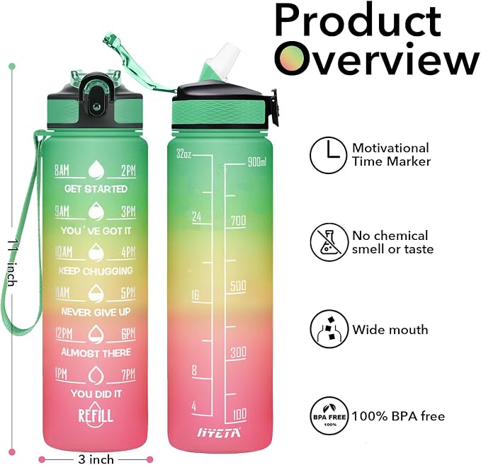 Hyeta Water Bottle with Straw & Time Marker, Plastic 32oz Leakproof | Motivational Tritan BPA Free Gym Office Outdoor Intake Tracker Hourly Reminder Straw Lid Carry Strap