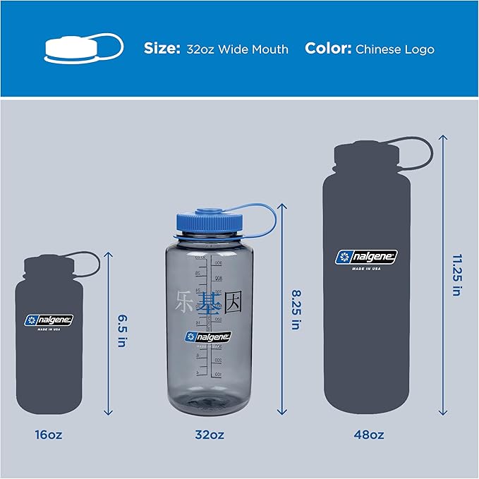Nalgene 32 oz Wide Mouth Water Bottle, Chinese Logo | BPA-Free, Durable & Lightweight, Leak Proof, Dishwasher Safe, Large Reusable Plastic Bottle for Hiking, Gym, Work & Travel