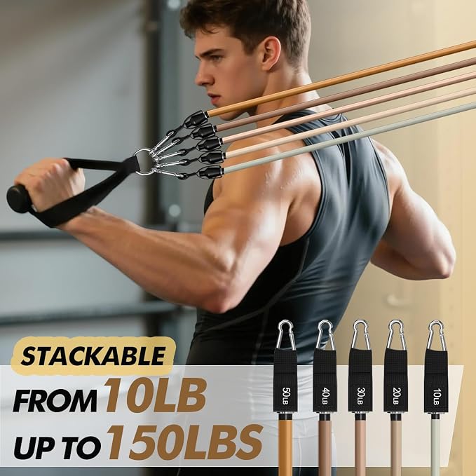 WHATAFIT Resistance Bands with Handles, 5-Level Exercise Bands for Workout | Natural latex,10-50 lbs, stackable to 150,Ankle Straps, Door Anchor,Guide. For Strength, Yoga,Home Gym,Travel & Workout.