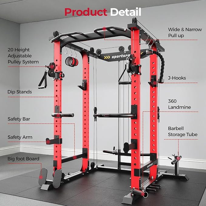 Sportsroyals Power Cage, 1600LBS Squat Rack with Cable Crossover System | Power Rack with LAT Pull Down System, Workout Cage with Pulley System for Fitness Home Gym Strength Training