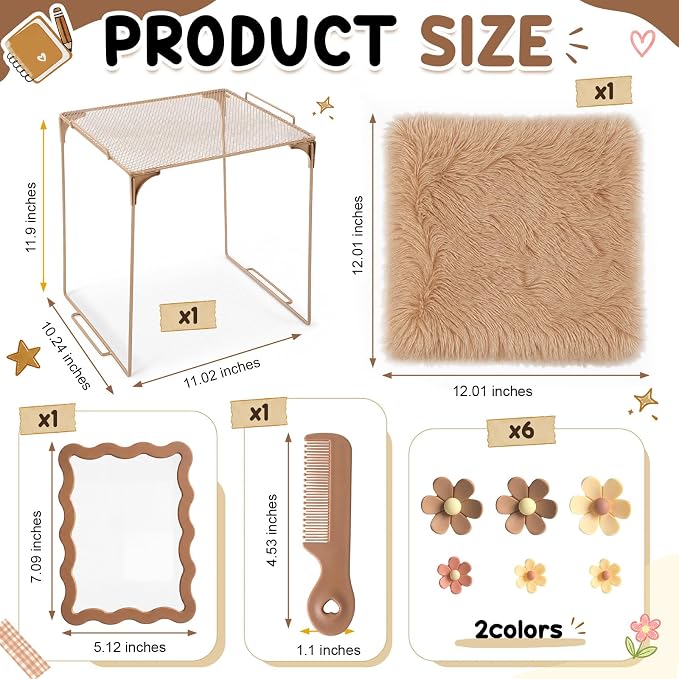 RattanView 10 Pcs Locker accessories Kit Magnetic Acrylic Mirror Plush Rug Small Comb 6 Flower Magnet Locker Organizer for Back to School Teen Student Girl Office Work Lockers Decoration Gift(Brown)