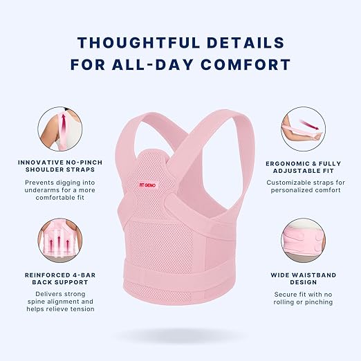 Fit Geno Posture Corrector for Women & Men, Adjustable Upper Back Brace | 4 fiberglass stays with breathable mesh gently pull your shoulders back to correct rounded posture and ease upper back strain