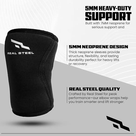 Real Steel Neoprene Elbow Sleeve (1 Pair) - 5mm Compression Support for Weightlifting, Bench, Powerlifting - Elbow Compression Sleeve for Men & Women - Premium Lifting Support for Elbows - X-Large